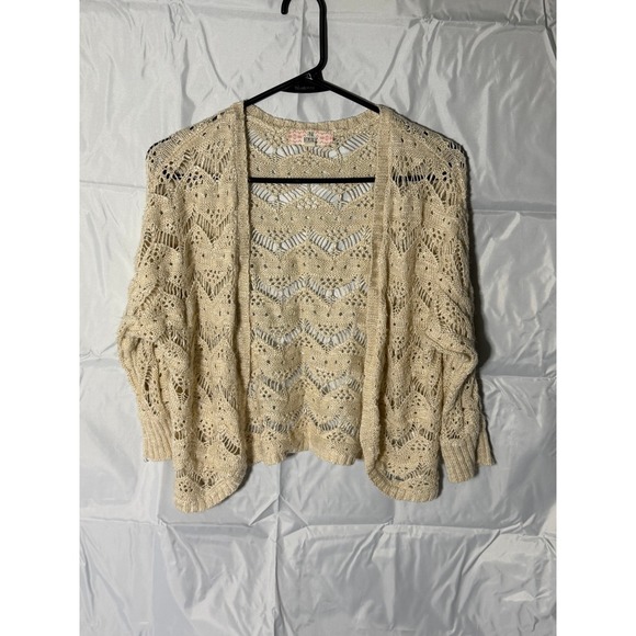 Pink Republic Sweaters - Pink Republic Women Large Cream Pointelle Crochet Knit Open Front Cardigan Boho